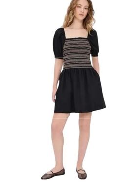 NWT Madewell 100% Cotton Poplin Puff-Sleeve Mini Dress Smock Brown Black